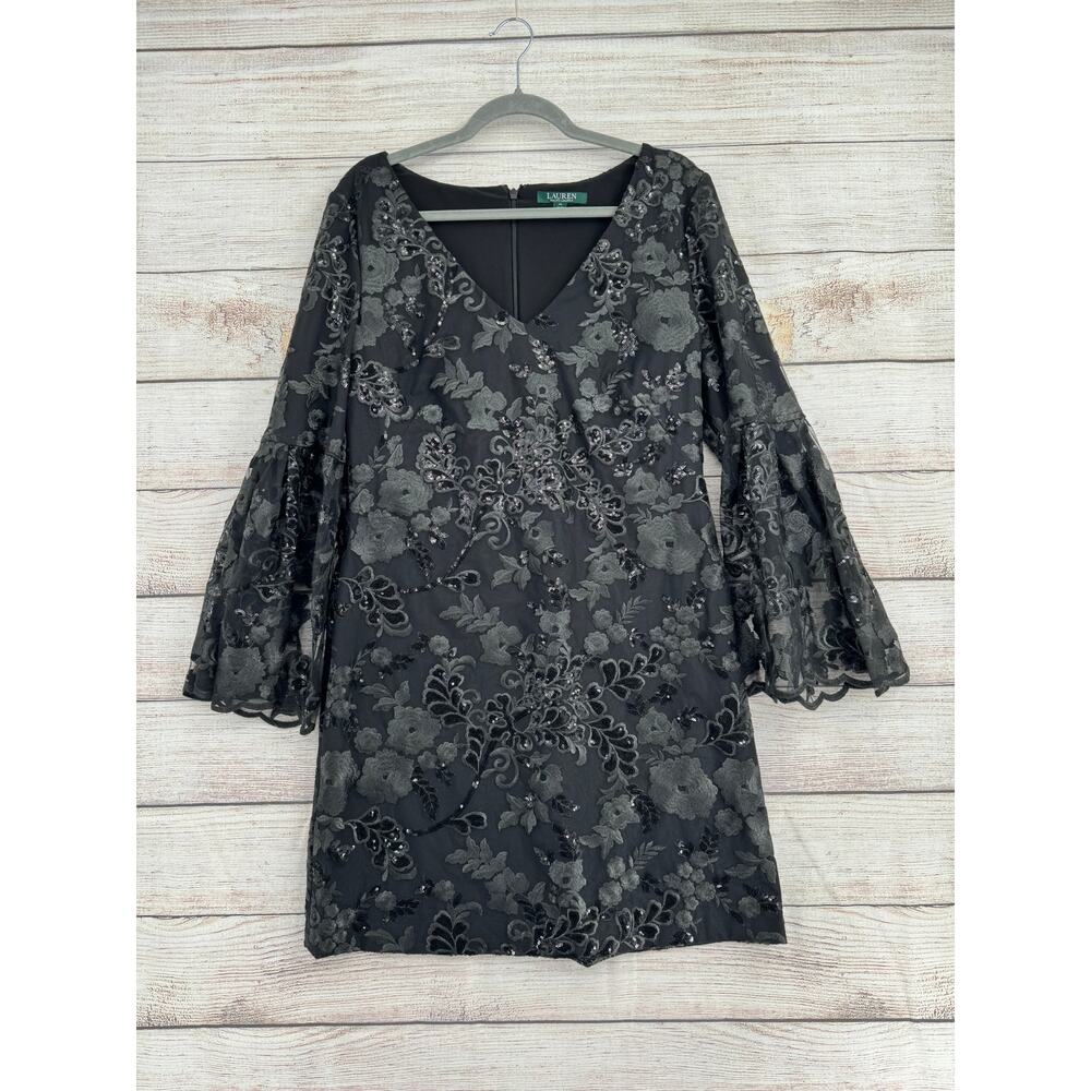 Lauren Ralph Lauren Floral Sequin Cocktail Dress Womens 14 Black Flare Sleeve